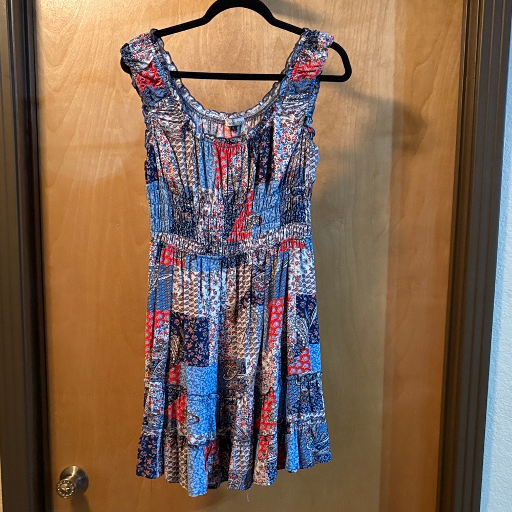 Smocked Patchwork Mini Dress in Blue & Red